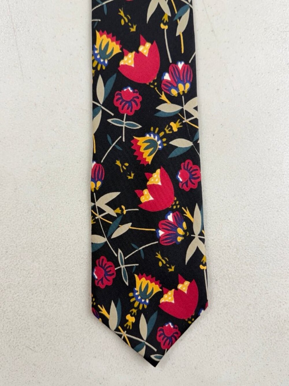 Vintage Black Floral Print Silk Tie 1970s Colorful Flowers Necktie Made in USA C